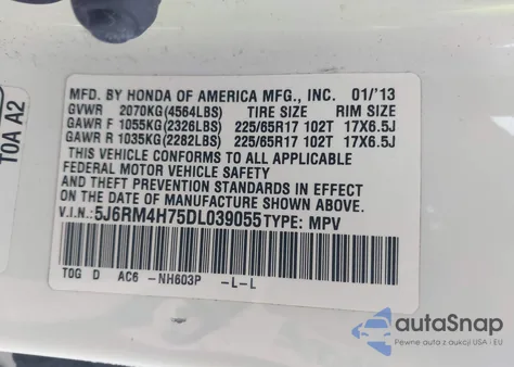 2013 Honda Cr-V Ex-L z USA, uszkodzony, nr VIN 5J6RM4H75DL039055